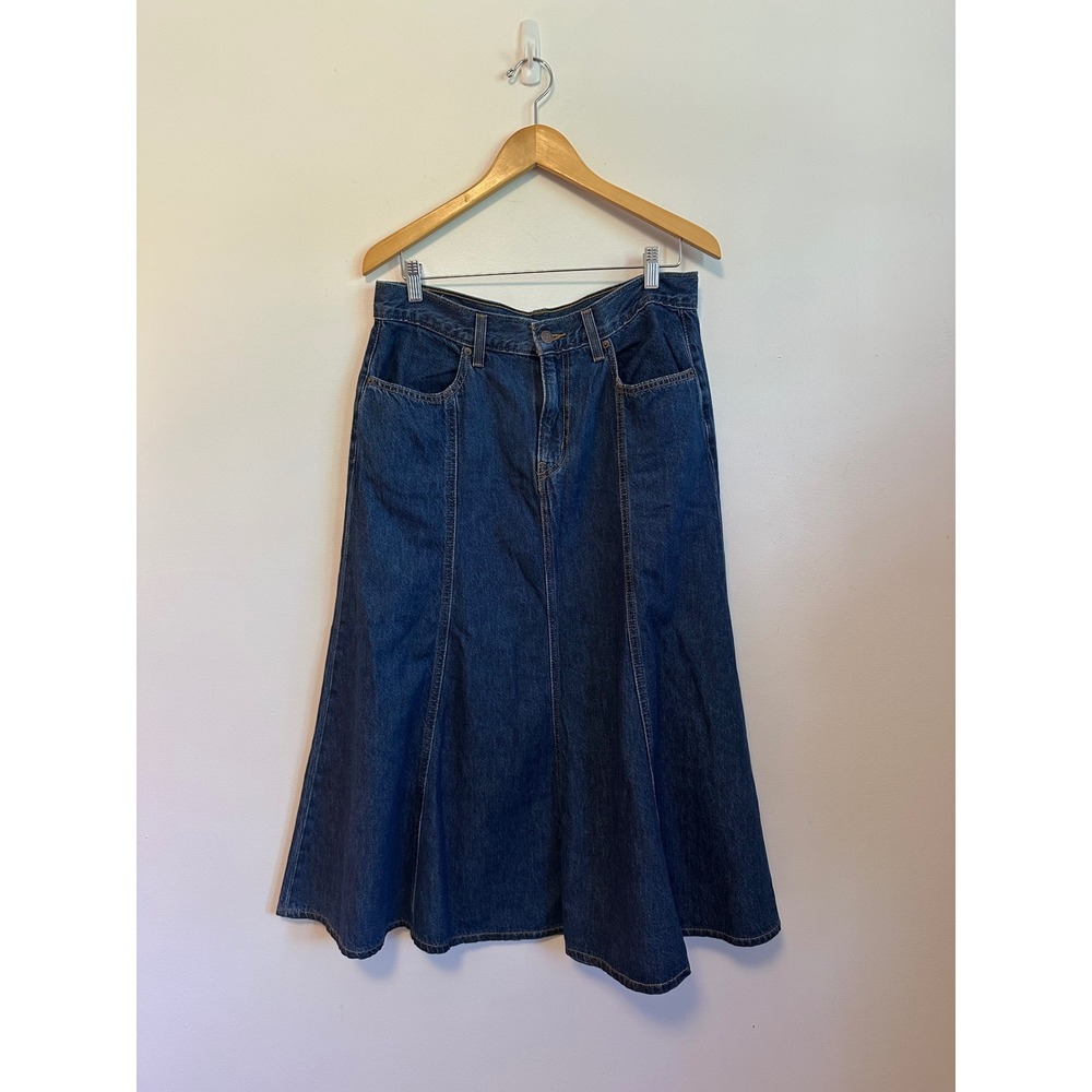 Levis Dark Wash Denim A-Line Flared Paneled Cotton Midi Skirt | Size 31